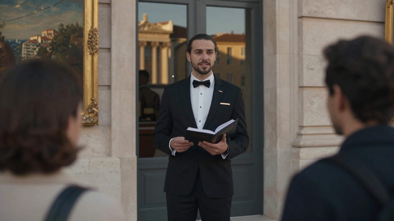 A sophisticated woman guiding a client through an art museum in Marseille at sunset.