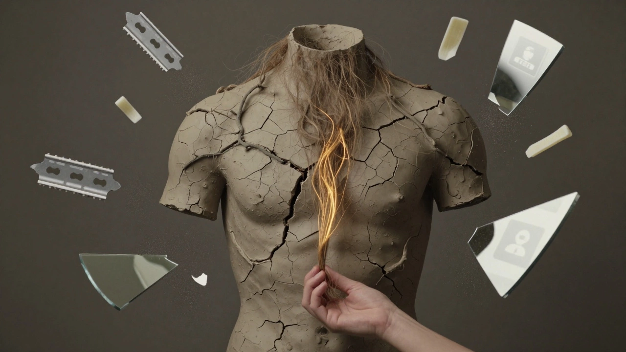 Clay torso with wild hair growing from cracks, surrounded by crumbling mirrors and social media icons.