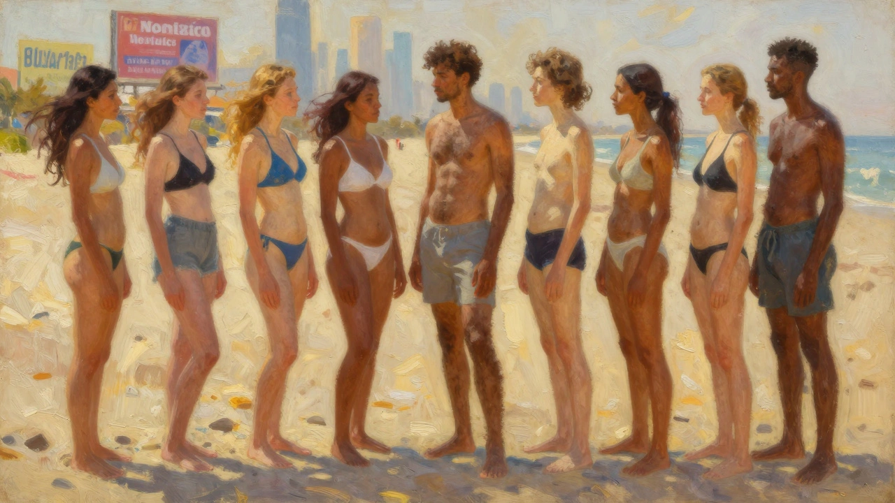 Diverse people on a beach with natural body hair, serene and unedited, Dubai billboards fading in distance.